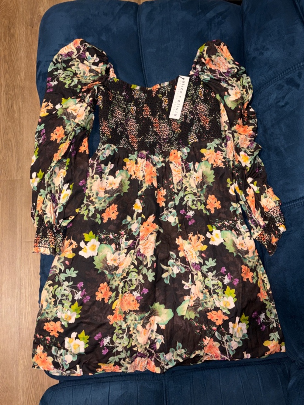 Floral Smocked Square Neck Dress - Black Floral